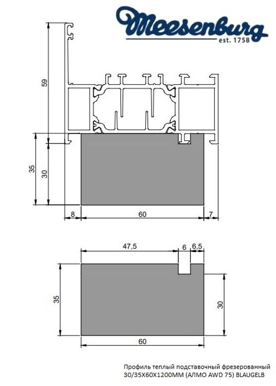 Профиль теплый подставочный фрезерованный 30/35X60X1200MM (АЛМО AWD 75) BLAUGELB в Москве Профиль теплый подставочный фрезерованный 30/35X60X1200MM (АЛМО AWD 75) BLAUGELB в Москве