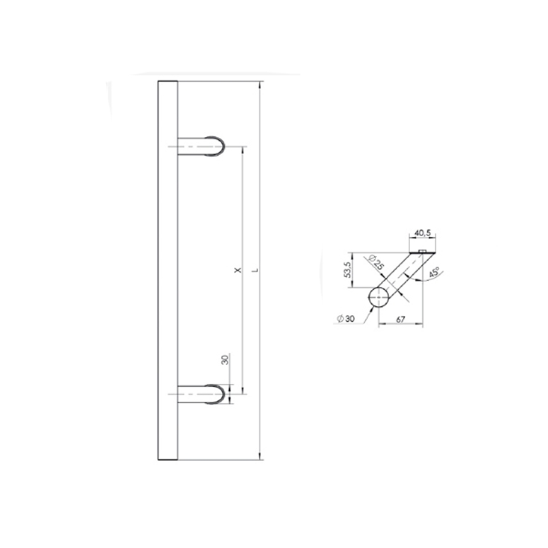 Ручка дверная офисная двухсторонняя P45 ⌀30 X=1300 L=1800 45° нержавеющая сталь матовая в Москве_Изображение_3