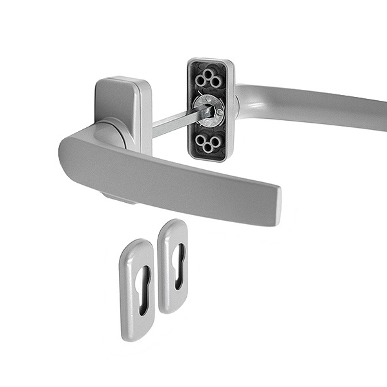 Ручка дверная двусторонняя с розетками под цилиндр MIA серебристо-серая RAL9006 STROXX в Уфе